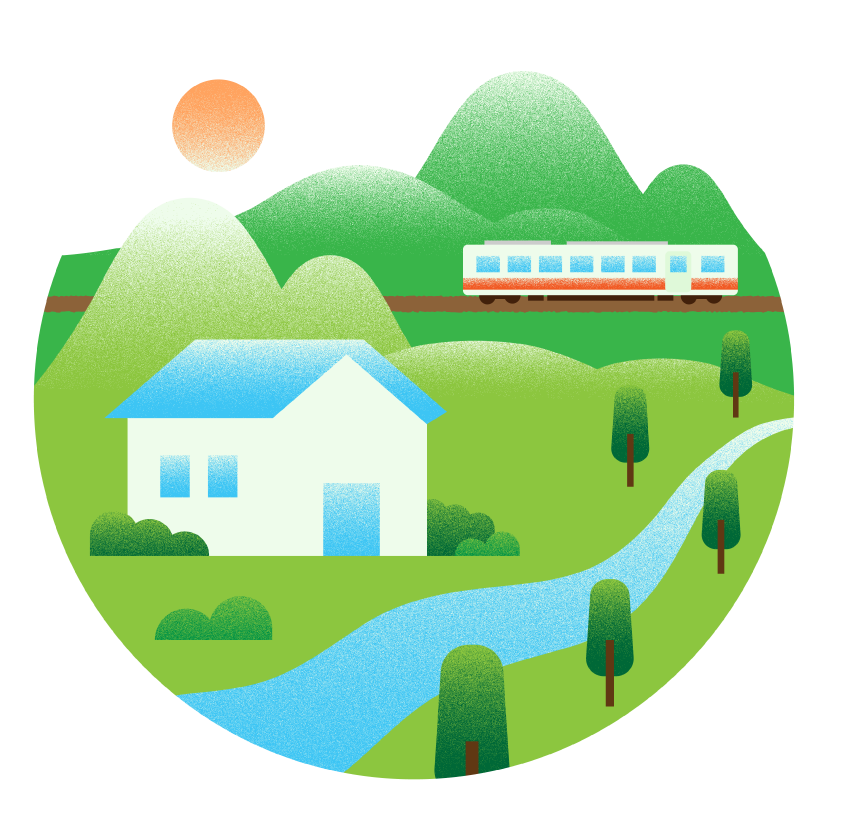 イラスト：山や川など豊かな自然の中に青い屋根の住宅が建っている。山間に電車が走っている
