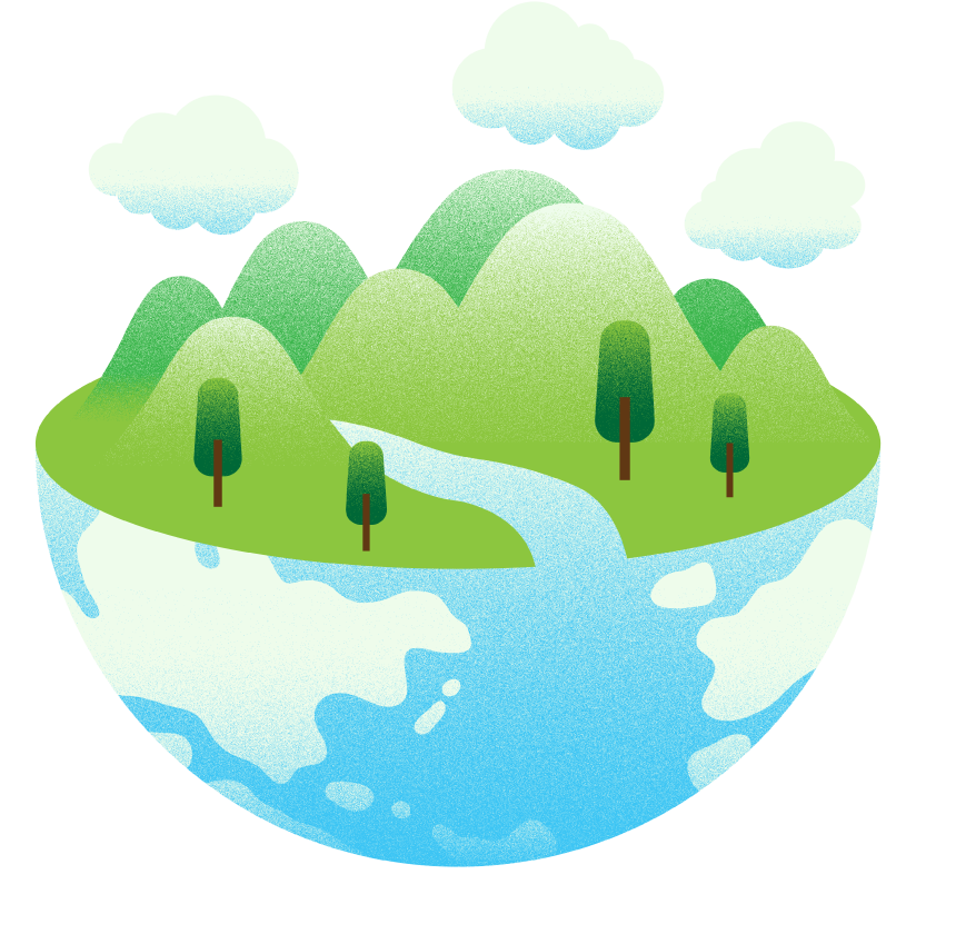 イラスト：豊かな山々の中から河川に沿って水が地球に流れ込むイメージ