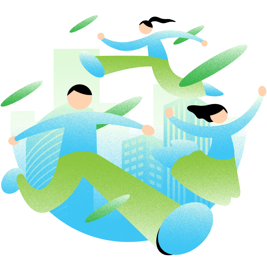 イラスト：街の中から男女がイキイキと飛び出すようなイメージ